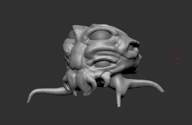 Grey 3D VR sculpt of a symmetrical, multi-eyed alien head with mandibles and tentacles