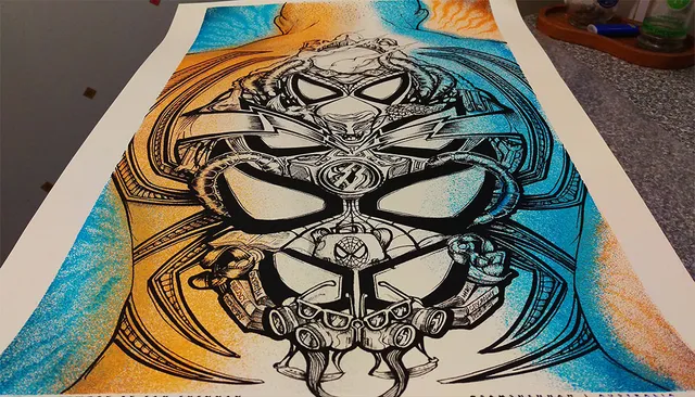 Totemic ink drawing of stacked Spider-Man masks with intricate bold linework and blue and orange shading