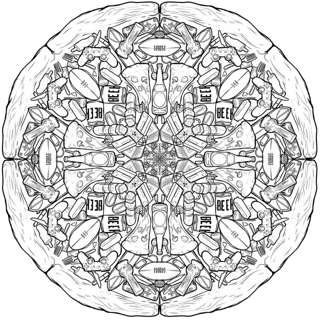 Black and white line drawing of a kaleidoscopic mandala made of symmetrical pizza slices, beer cans and game controllers