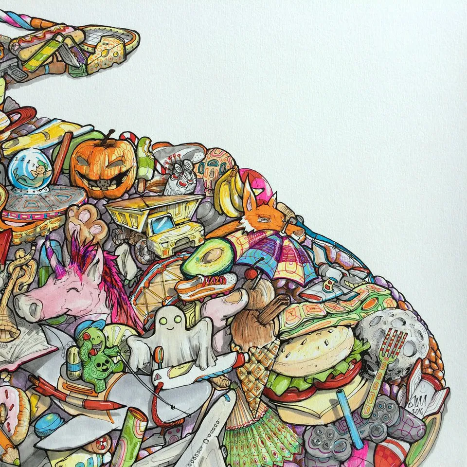 Close up shot of finished illustrated imagination dreamscape.