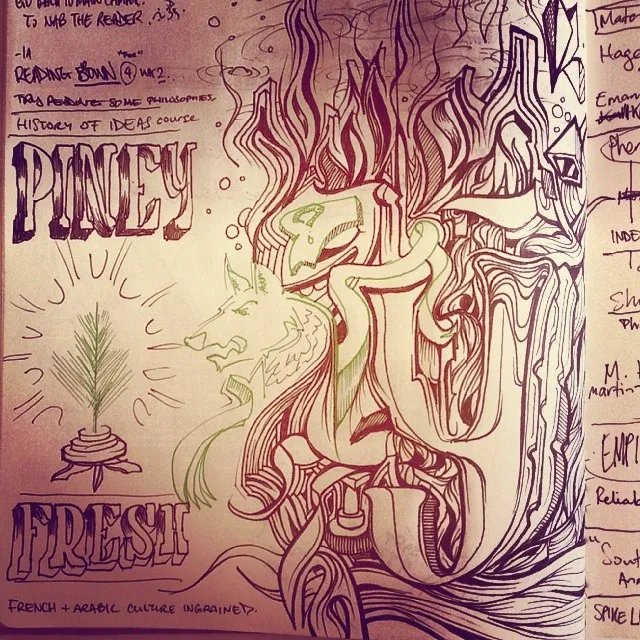 Sketchbook ink drawing of a stylized wolf head intertwined with abstract flowing lines and the text PINEY FRESH