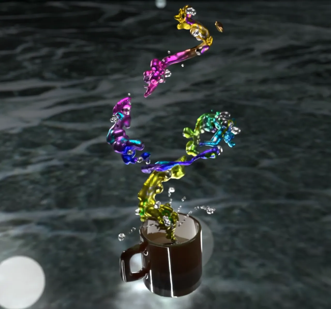 3D render of rainbow-colored liquid splashing upwards out of a dark mug against a rippled water background