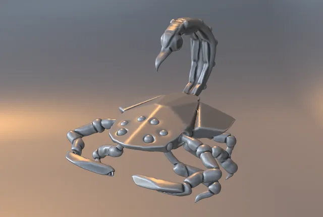 3D render of a stylized scorpion with an armored, riveted carapace, jointed legs, pincers and a curled tail