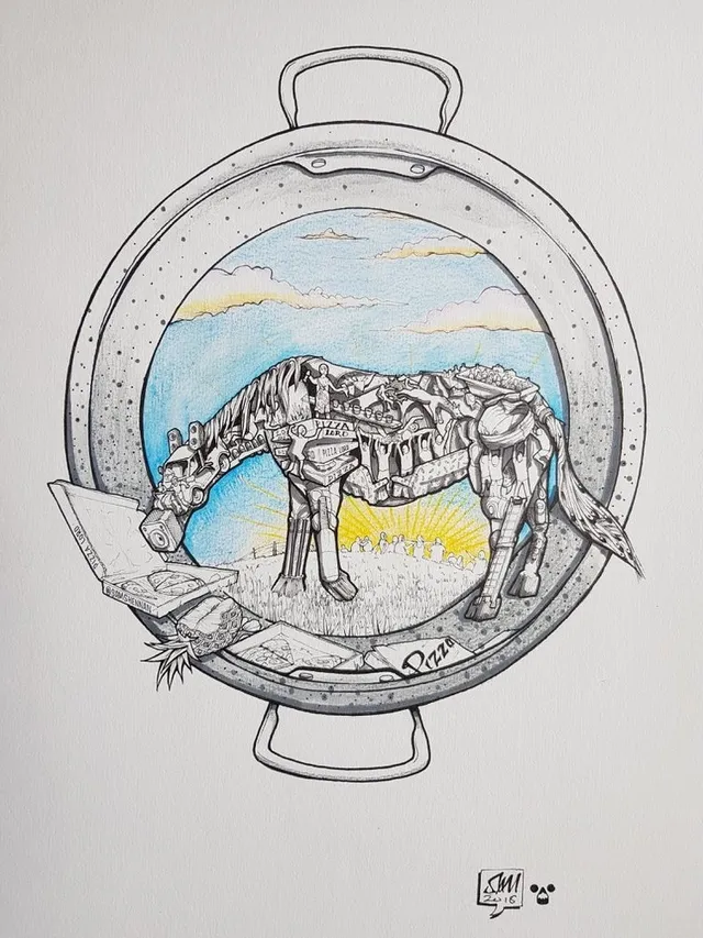 Ink drawing of a surreal horse composed of miniature scenes, eating from a pizza box inside a circular pan frame