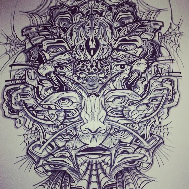 Ink drawing of a symmetrical psychedelic face made of multiple eyes, biomechanical shapes and spiderwebs