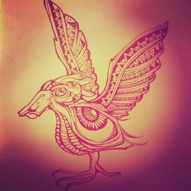 Bold line drawing of a psychedelic bird with a duck bill, geometric patterned wings, and a large eye on its body