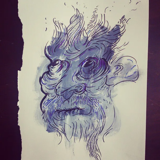 Ink and wash drawing on torn paper of a stylized, bearded face with large eyes and swirling bold linework