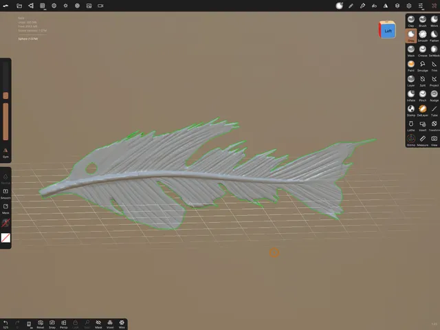 3D sculpt of a stylized, feather-like fish creature displayed in a digital sculpting interface