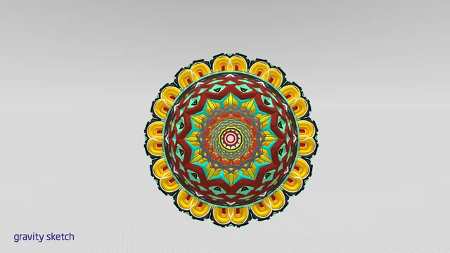 Top-down 3D render of a vibrant, symmetrical psychedelic crown mandala with intricate geometric patterns