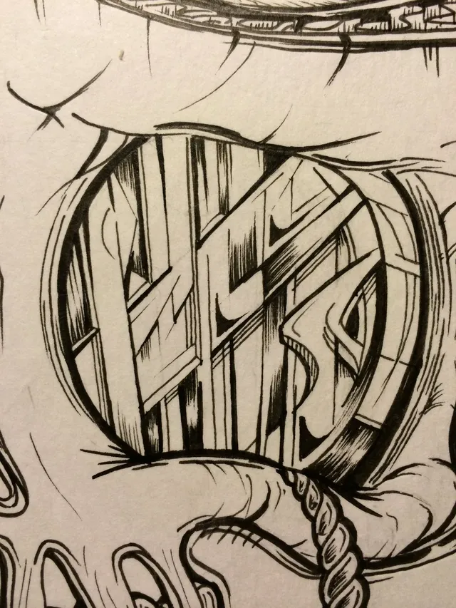 Detail of an ink drawing showing a circular opening filled with sharp, hatched geometric shapes surrounded by organic