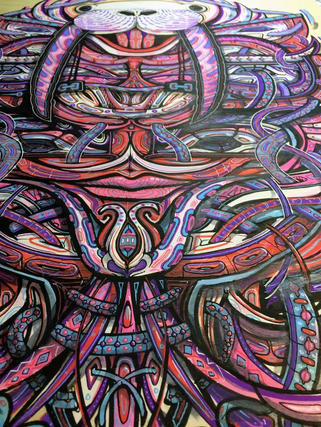 Psychedelic ink drawing of a symmetrical totemic walrus mask with intricate pink, purple, and blue patterns