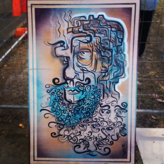 Painting of a surreal man with a maze-like face and a swirling blue beard morphing into multiple hidden eyes