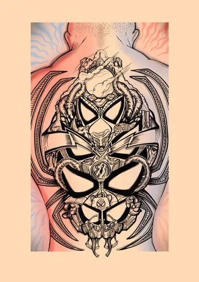 Illustration of a symmetrical back tattoo design featuring stacked Spider-Man masks, mechanical tentacles and a gas mask