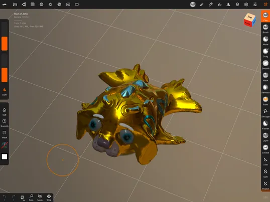 3D sculpt of a shiny golden dog-like creature with fins and blue eyes, viewed in a digital modeling interface