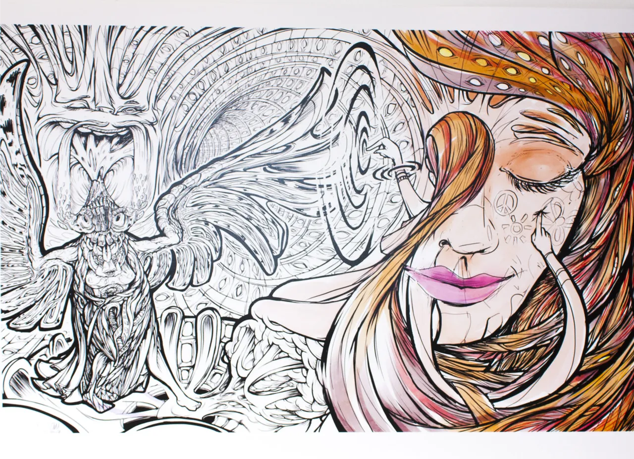 Ink drawing of a serene woman with colored hair beside a black and white winged totemic figure and swirling vortex