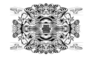 Black and white ink illustration of a symmetrical mandala with elephants, pineapples, spaceships, and waves