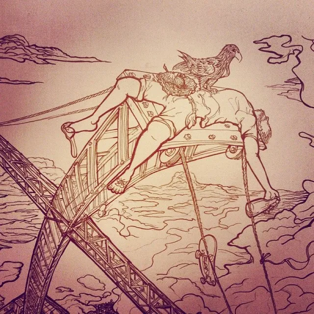 Ink drawing of a figure draped over a bridge truss in the clouds, an eagle on their back and a hanging skateboard