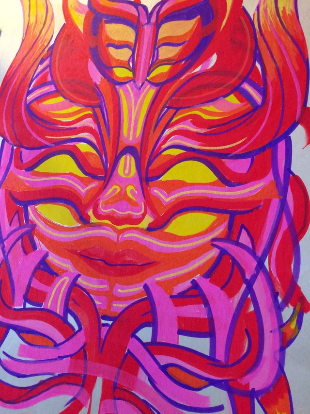 Psychedelic marker drawing of a symmetrical face with yellow eyes formed by swirling red, pink, and purple lines