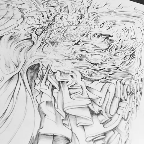 Pencil drawing of abstract psychedelic flowing lines, blending folded fabric shapes with swirling smoke-like textures