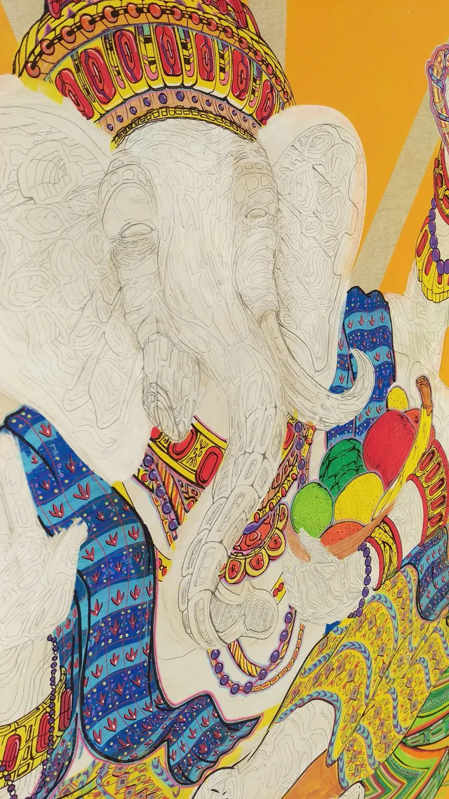Partially colored illustration of Ganesh featuring uncolored line art on the face and vibrant patterned clothing