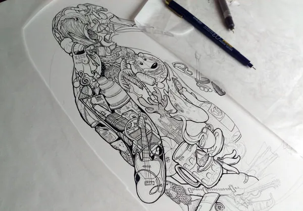 Black ink drawing of a penguin silhouette packed with intricate hidden objects like a guitar and lion, with pens nearby