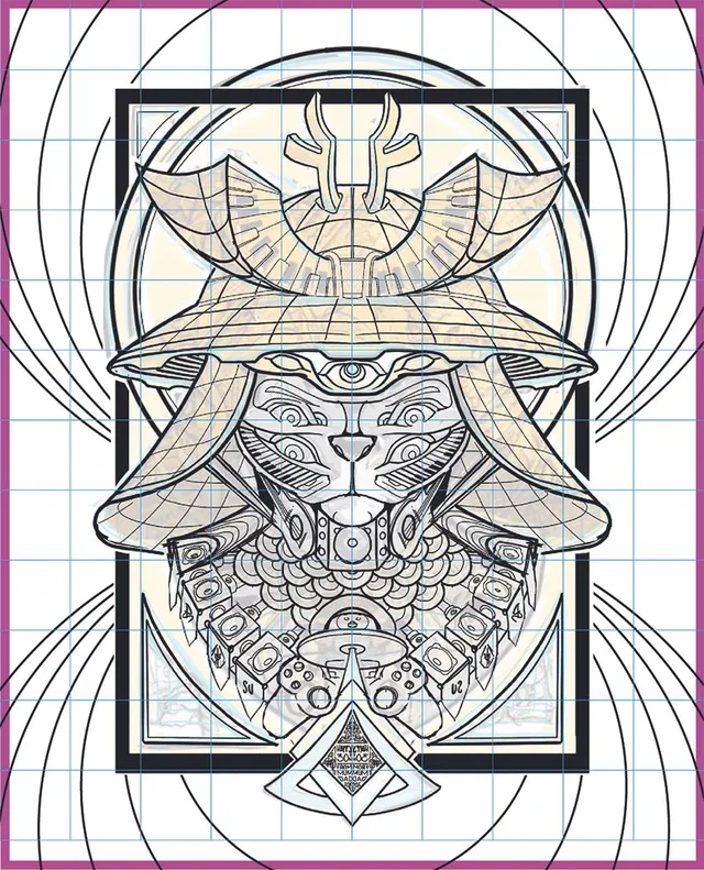Symmetrical line drawing of a multi-eyed cat wearing a samurai helmet above speakers and gamepads on a drafting grid