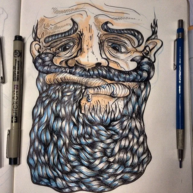 Sketchbook ink drawing of a stylized man with heavy eyebrows and a massive, intricately woven blue and black beard
