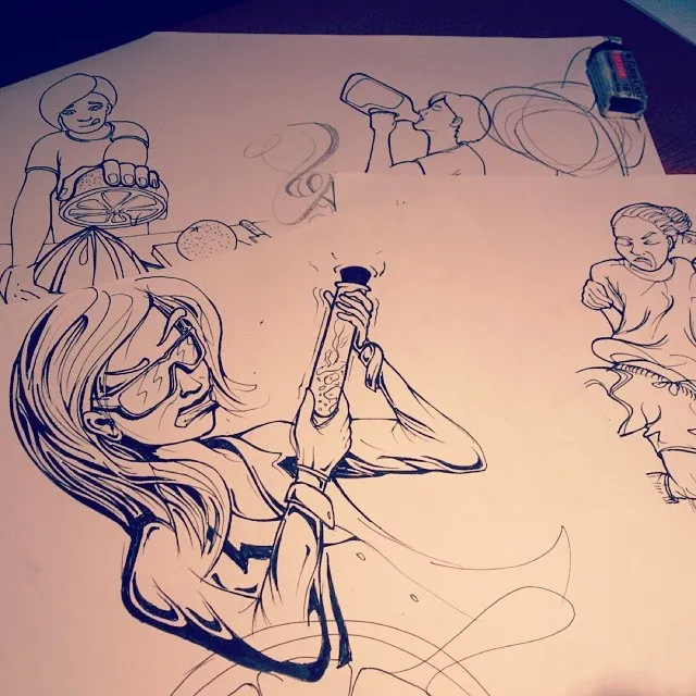 Ink drawing on paper of character sketches including a woman in goggles holding a test tube and someone juicing fruit