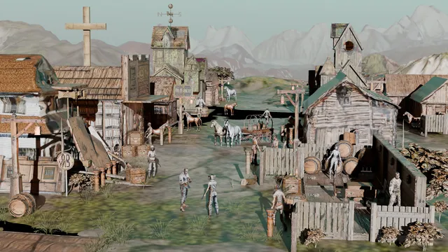 3D rendered Wild West town scene with wooden buildings, horses, and untextured humanoid figures