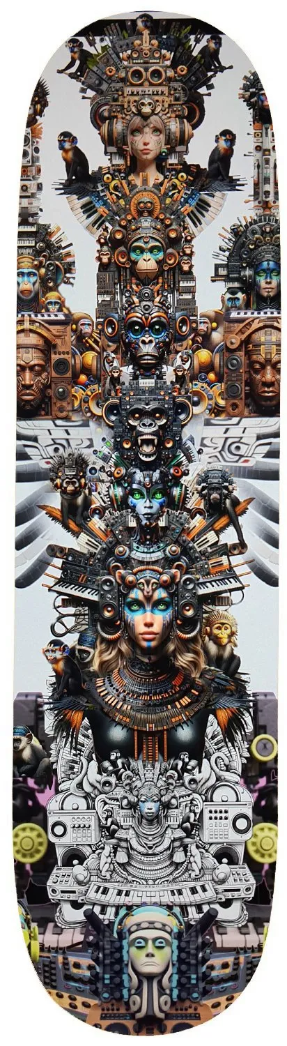 Painted skateboard deck featuring a symmetrical, psychedelic totem of shaman faces, monkeys, and audio equipment