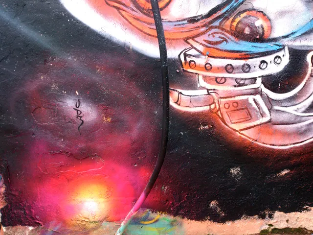 Mural detail of a mechanical space suit with a large eye and metal tubing against a glowing pink nebula