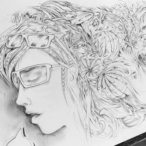 Pencil drawing of a woman in profile wearing glasses, her hair morphing into a surreal mass of faces, flowers and shapes