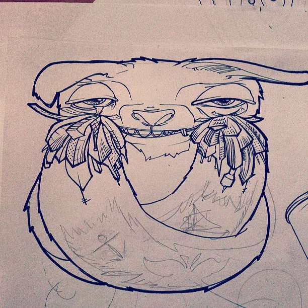 Ink sketch of a grinning furry creature with geometric facial tassels and faint nautical tattoos on its coiled body