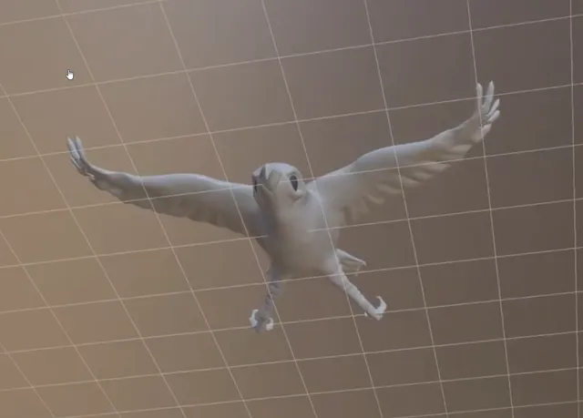Grey 3D sculpt of a flying bird with wings spread and talons extended against a digital grid