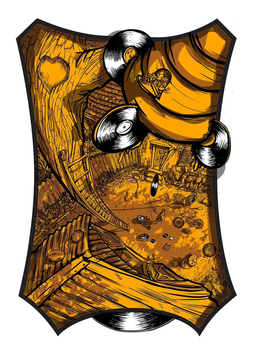 Boldly lined golden illustration of a surreal backyard scene featuring a giant insect with vinyl record wings