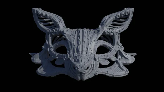 3D render of a symmetrical, matte grey cybernetic fox mask with intricate mechanical details