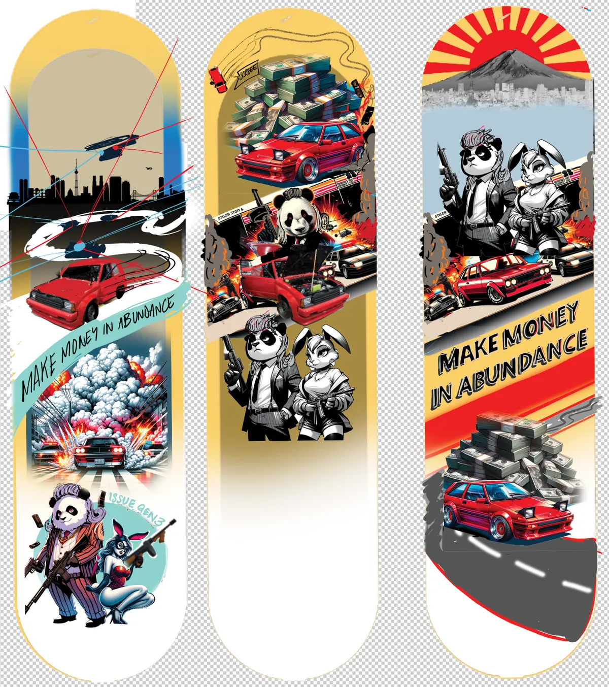 Three skateboard designs illustrating a red car, explosions, armed panda and bunny characters, and money stacks