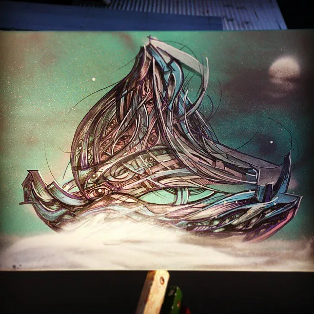 Psychedelic painting of an abstract ship formed from flowing lines and eyes against a starry moonlit sky