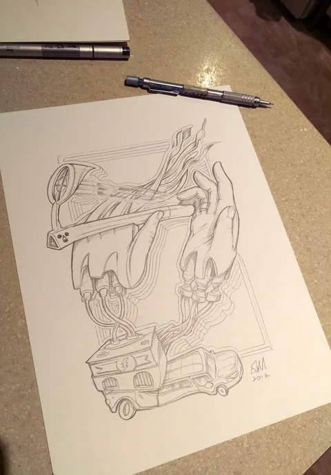 Pencil sketch of two hands connected by wires to a small van, one holding a futuristic tool emitting flowing lines
