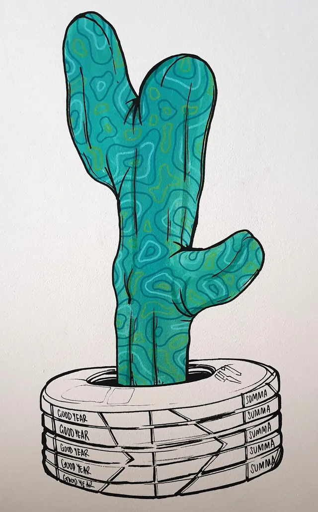 Mural of a stylized green cactus with wavy topographic patterns growing out of a stack of white tires
