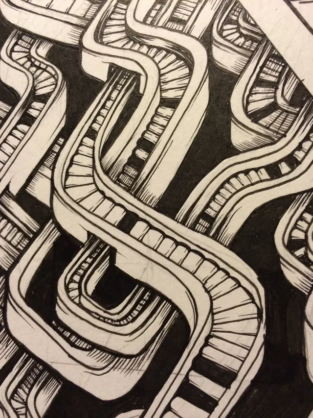 Black and white ink drawing of abstract, overlapping winding tracks