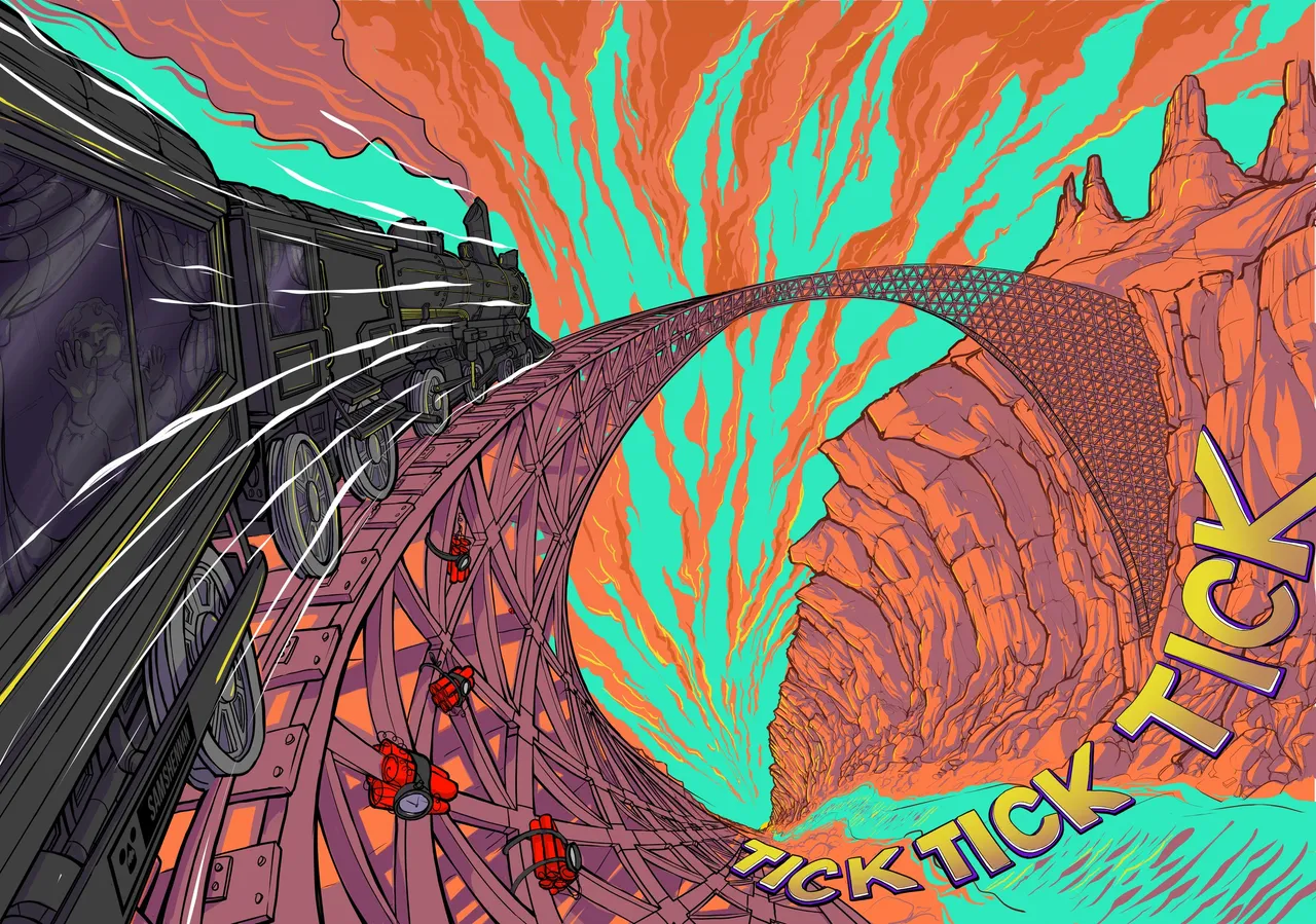 Illustration of a train on a looping canyon bridge rigged with timed dynamite and the text TICK TICK TICK