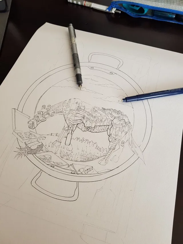 Ink drawing on paper of an intricate mechanical horse inside a circular frame, with two pens resting on the artwork