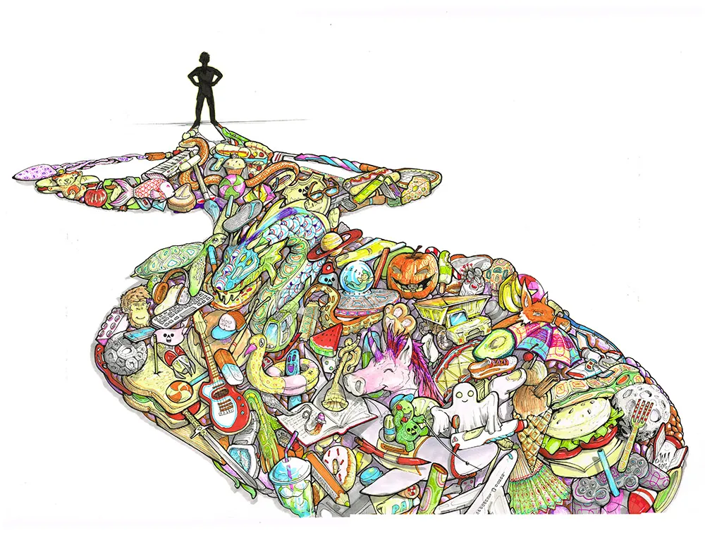 Child's Imagination dreamscape with surreal and bright happy objects