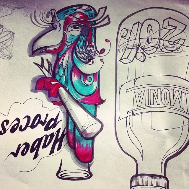 Ink and marker sketch of a psychedelic bird figure holding a scroll beside an outlined bottle labeled AMMONIA