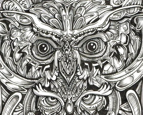 Close-up black and white ink drawing of a highly detailed, symmetrical totemic owl mask with bold line work