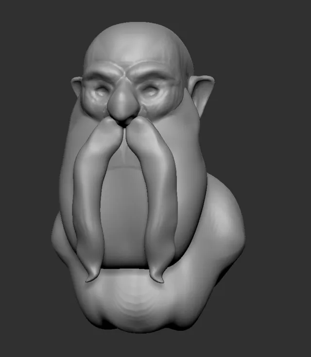 Grey 3D sculpt of a bald dwarf bust with a prominent nose and long thick mustache