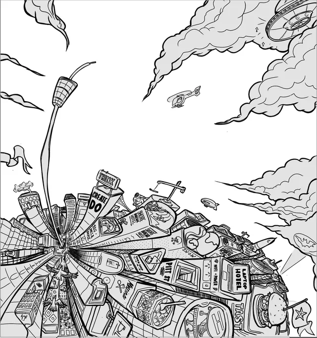 Black and white line drawing of a distorted Sydney cityscape featuring curved buildings, the Sydney Tower and a UFO
