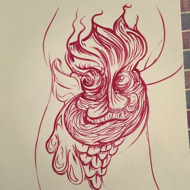 Bold red ink drawing of a psychedelic face with spiral eyes and flame-like hair
