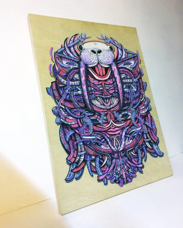 Psychedelic illustration of a symmetrical walrus mask with intricate purple and blue line work on a wood panel